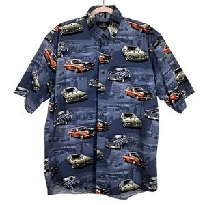 RedHead Hawaiian Shirt Mens Blue L Aloha Tropical Button-Down Cars Single Stitch